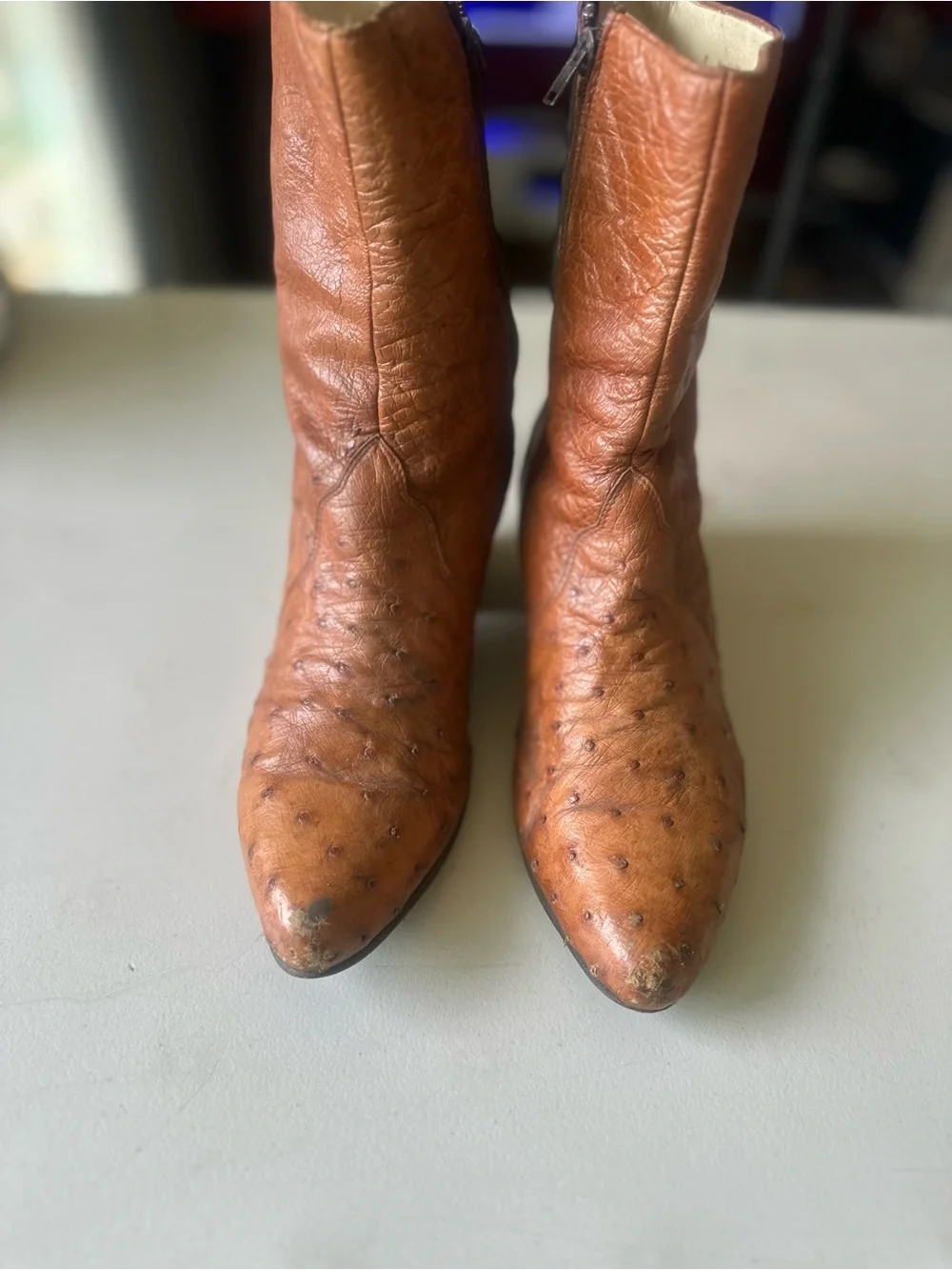 Brown Leather Pointed Ankle Boots with Low Heel